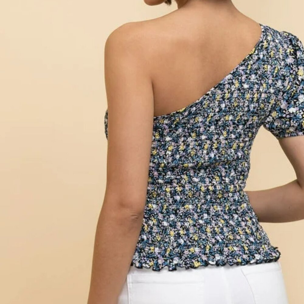 Ricki's One-Shoulder Floral Smocked Top in Navy, Yellow & Lilac - Picture 4 of 4